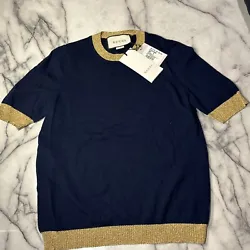 NWT GUCCI Cashmere Silk Short Sleeve Shirt Top Sweater M NWT gold navyCashmere and Silk. Waist laying flat is 14