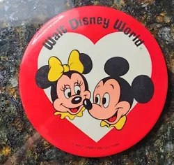 Vintage 1979 Walt Disney World Button Pin Park Souvenir Mickey & Minnie 3.5”.