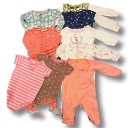 Baby girl size 24 Months lot of 9 clothing items! Includes: 5 Rompers, 1 footless one piece pajama, 1 footsie knit...