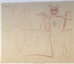 Original Drawing on heavy paper. Signed Picasso in black Ink, upper left. Woman and Satyrs. Good condition.