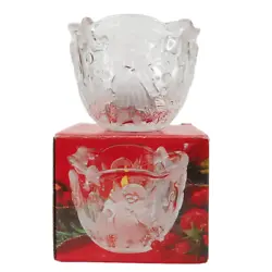 Heavyweight crystal with frosted angel motif. 1990s era. Colored tea light included.