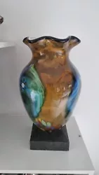 Vase glass flower pot signed Murano art deco, large and marble base. Grand vase en verre de murano sur socle marbre ....