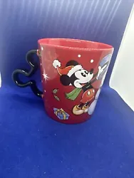 Disney Mickey & Minnie Red Christmas Cup/Mug w Mouse Ear Handle/Building Snowman.