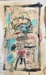 The Warrior- signed Basquiat on lower right- Mixed Media on Cardboard. Acrylic, oil and marker. Super Hero sketch...