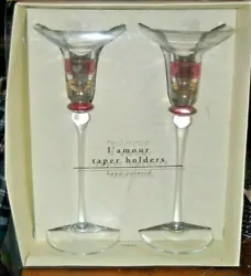 Pair of pier one exclusive Lamour hand blown, hand painted taper holders, 10