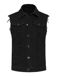 < Victorious Distressed Denim Vest >. - 100% cotton. BACK LENGTH 26 27 28 29 30 31. S M L XL 2XL 3XL.