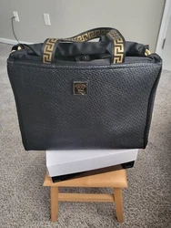 Versace Parfums Large Black Textured Tote Bag with Snap Closure & Gold Drawstrings. Versace emblem front and center....