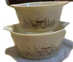Vintage 2 Pyrex 1981 Forest Fancies Mushrooms Casseroles 473, 474, (1.5L & 1L). NO LIDS. Handle to handle 9.35” and...
