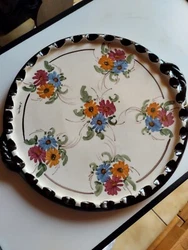 Plat / grande assiette céramique fleurs décor main Vallauris - Jérôme Massier. 33 cm de diamètre
