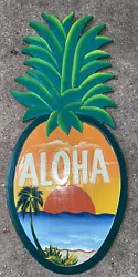 BEAUTIFUL PINEAPPLE ALOHA SIGN. HAND CARVED & HAND PAINTED OUT OF WOOD. APPROX 20” TALL 9” WIDE 1