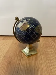 Inlaid Gemstone Mini Desk Shelf World Globe Gold Brass Stand Lapis Blue Ocean 6”. Tall-3 1/2”sphere