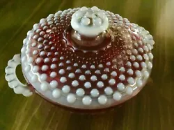 Vtg Hobnail glass candy dish. This dish is under 6” wide, not including the handles. There is cranberry dye missing...