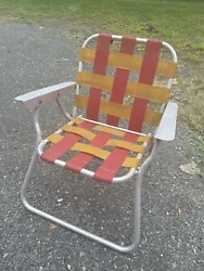 Vintage Childs Aluminum Webbed Folding Lawn Chair - Orange. Has a great lookSee all photosStraps need to be resewn if...