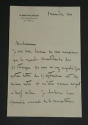 Maréchal Hubert LYAUTEY - Lettre autographe signée en date du 8 novembre 1922. Lettre autographe signée sur papier...