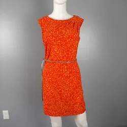 Guess unlined sheath dress in orange/pink print with removable/adjustable braided gold belt. Length 35