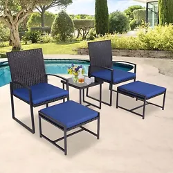 5-Piece Patio Furniture Conversation Set PE Rattan All Weather Cushioned Chairs Bistro Set with Ottoman and Glass...