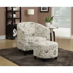 This charming accent chair and ottoman serve as a conversation piece in any space. Wrapped in off white fabric with a...