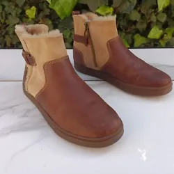 OLUKAI Wool Shearling Lined Aankle Boots PEHUEA HULU Size 7 Brown & Tan.