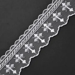 Embroidered tulle cross church lace trim. Fiber content: 100% Polyester. Color: White.