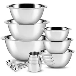 14 Piece Stainless Steel Mixing Bowls Set with Measuring Cups and Spoons.