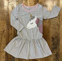 Add some whimsy to your little girls wardrobe with this adorable Chenault Girl Striped Sparkle Unicorn Dress in size 6....