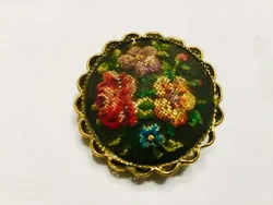 Beautiful needlepoint micro-cross stitch roses flower brass pin. This is a nice addition to a dress if you like the...