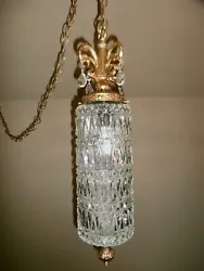FOR YOUR CONSIDERATION,  A VINTAGE MID CENTURY MODERN GLASS CYLINDER HANGING LAMP.  IT MEASURES FROM THE TOP LOOP OF...