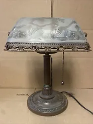 Vintage Bronze Metal Bankers Desk Piano Lamp Frosted Glass Etched Floral Design. Tested, working. There is a small chip...