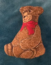 Vintage Handmade Cut & Sew Stuffed Teddy Bear Red Bow Mini Pillow Animal 6”.