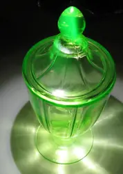 Green Depression Glass Candy Lidded Pedestal Jar Compote. We believe it was made by Cambridge. 3-1/4