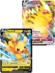 Pikachu V + Pikachu Vmax. This Pokémon card set includes one Pikachu V and one Pikachu Vmax. Pikachu Vmax SWSH286...