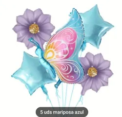Baby Shower, Gender Reveal Party 5 Pieces Butterfly, Flowers And Stars Foil, Blue, Purple and Pink.