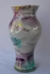 Exquisite hand-made and decorated Art glass vase - nice pastel purple turquoise yellow color shades by Franco, Italy...