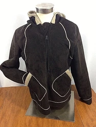 This is made of polyester and acrylic but does look like suede. Back bottom of collar to hem: 25