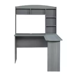 Feature 3 : Includes a Hutch with ample space. Feature 1 : L-Shaped Computer desk made of wood panels with Grey...