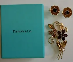 Wonderful 14k Yellow Gold and Garnet Brooch with matching 14k Yellow Gold and Garnet Earrings signed Tiffany & Co. 14K...