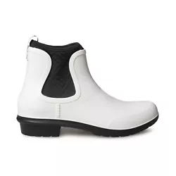 A cushy insole with genuine shearling adds cozy comfort to a Chelsea-inspired rain boot made with a stretchy neoprene...