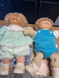 1984 Vintage Cabbage Patch Dolls, Pair boy and girl authentic outfits.