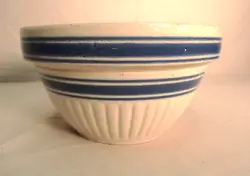 Rare and Unique Antique Stoneware Bowl with 6 Banded Blue Decoration and Ribbed Base. In Very Good Antique Condition.
