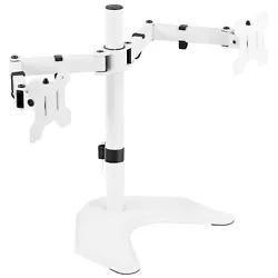 Enhance your monitor display and enjoy ergonomic viewing angles with the White Dual Monitor Desk Stand (STAND-V002FW)...