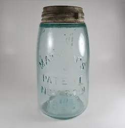 CFJCo Aqua Blue Quart Masons Patent Nov. 30th 1858 Fruit Canning Jar. Please review all pictures for overall condition...