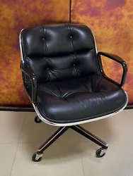 Vintage 1985 Knoll chairs designed by Charles Pollock - Original Black Leather with Chrome detail. 4 star wheel design,...