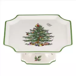 Spode Christmas Tree Footed Square Cake Plate - New. Decoration includes Spodes iconic Christmas Tree with forest green...