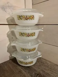 Lot of 4 Fire King Vegetable Harvest 432 Small Casserole Lot With 4 Lids. Matching set of 4 dishes with lids5”...