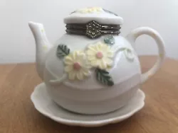 Vintage Mini Teapot & Saucer Trinket Box with Yellow Daisies. Listing for cute yellow teapot & saucer trinket box as...