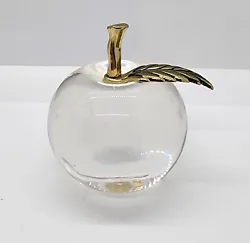 Vintage Fabrique Crystal Figural Apple Paperweight With Gold Leaf & Stem.  About 3.5