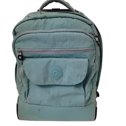 Teal blue kipling sanaa rolling backpack, carry-on backpack. Shows signs of wear, pen markings and small tear in cup...