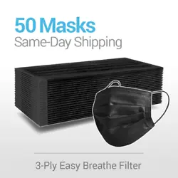 50 All-Black Protective Face Mask Features Masks factory sealed in plastic & box. 3-ply material filters out over 95%...