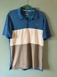Adidas mens golf striped blue, white, gray short sleeve polo size medium with side slits 100% poly. Measures 22