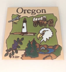 Vtg. 1999 Oregon Beaver State Signed R Rot Earth Tones Trivet Hot Plate Coaster.6x6